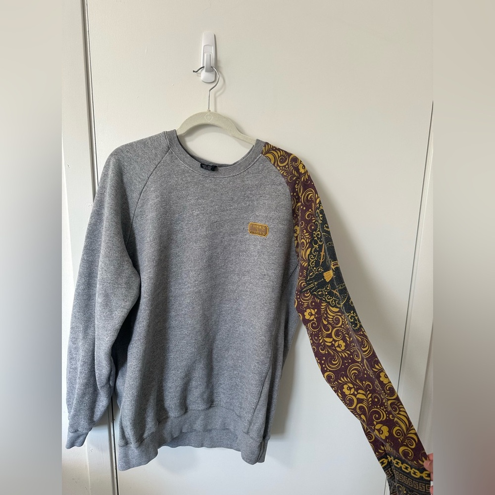 Crooks & Castles Gray Sweater with Gold and Burgundy Sleeve